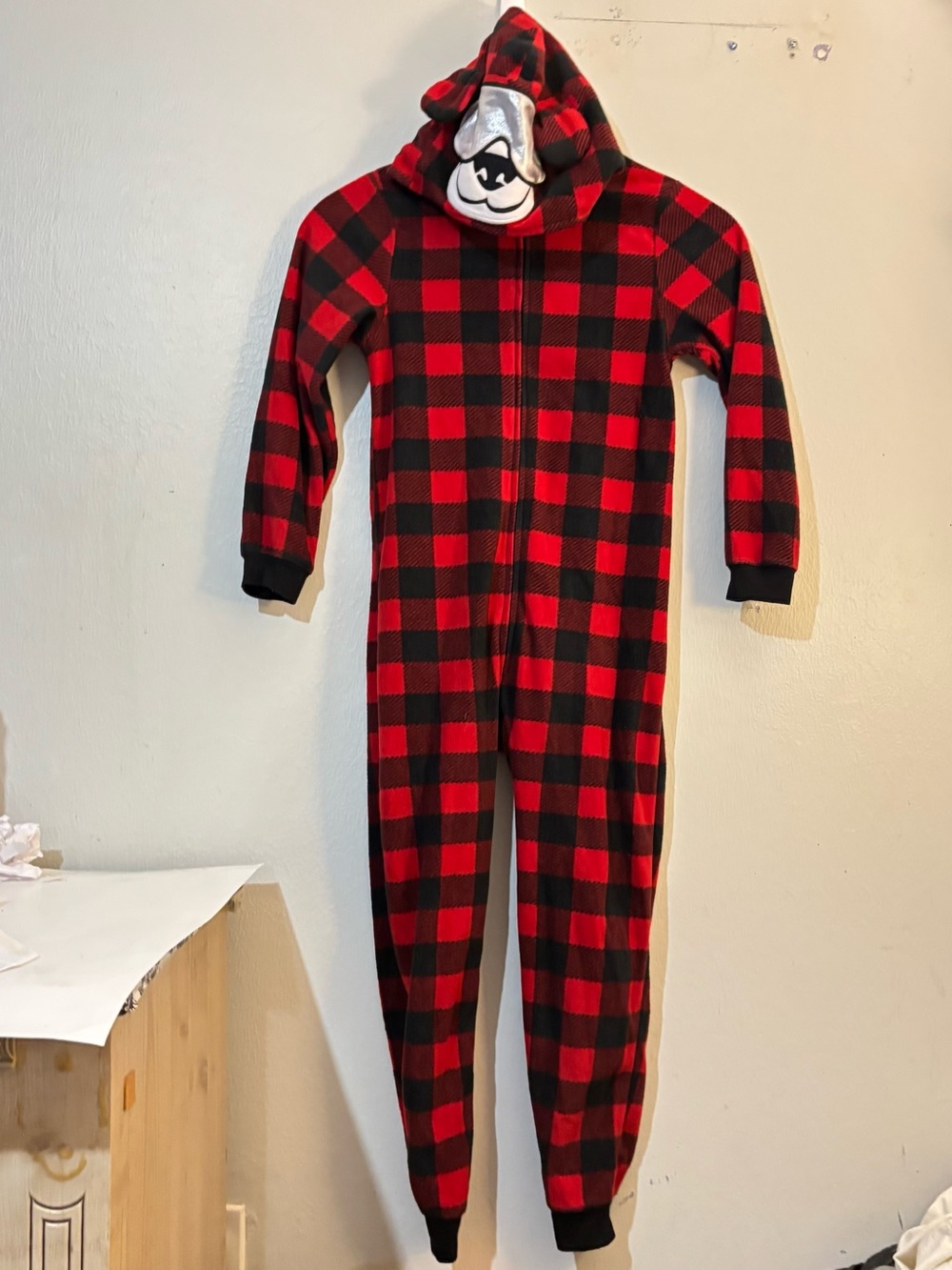 Red and Black Buffalo Plaid Hooded Kids Footie Pajamas